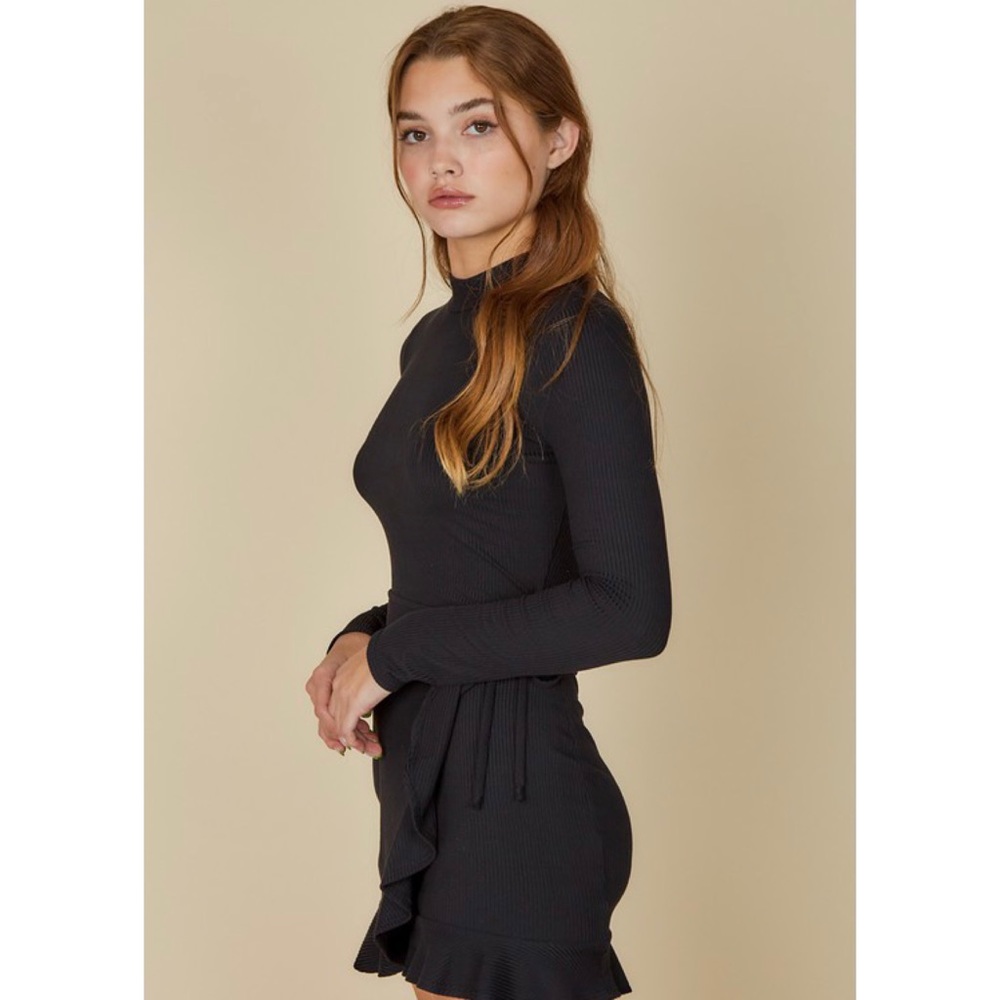 Fall Black Ribbed Knit Ruffle Dress Wrap Tunic Top Women’s Tops Clothes